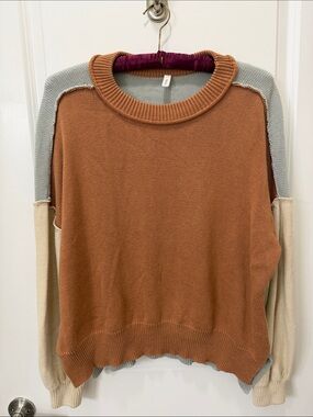 Wishlist Colorblock Crewneck Sweater in Rust, Light Gray, and Cream